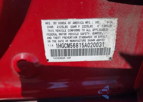 2005 Honda Accord 2.4 Ex from USA, damaged, VIN 1HGCM56815A020031